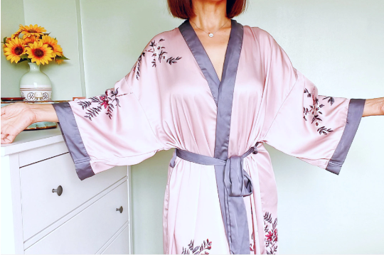 Pure Silk Dressing Gown, Long Floral Kimono Robe