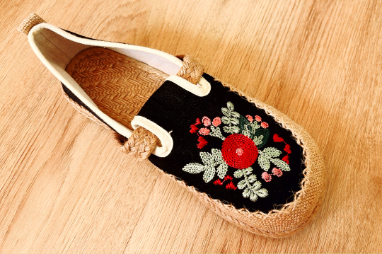 Embroidered Loafer, Wide Slip On Shoes Flat, Canvas Platform Sandals, Red/Black/Grey