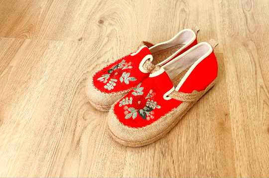Embroidered Loafer, Wide Slip On Shoes Flat, Canvas Platform Sandals, Red/Black/Grey