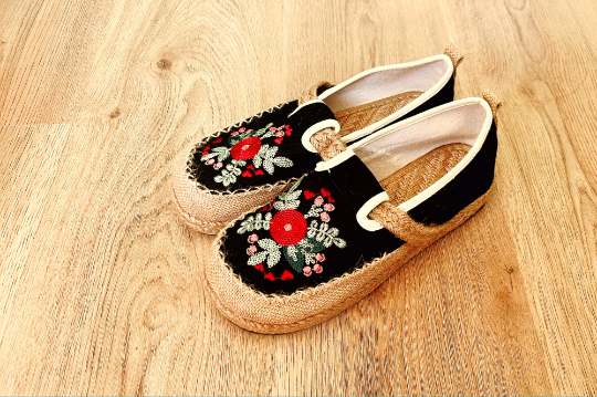 Embroidered Loafer, Wide Slip On Shoes Flat, Canvas Platform Sandals, Red/Black/Grey