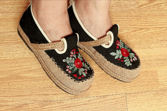 Embroidered Loafer, Wide Slip On Shoes Flat, Canvas Platform Sandals, Red/Black/Grey