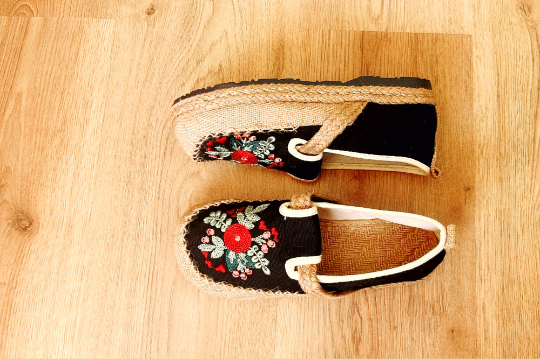 Embroidered Loafer, Wide Slip On Shoes Flat, Canvas Platform Sandals, Red/Black/Grey