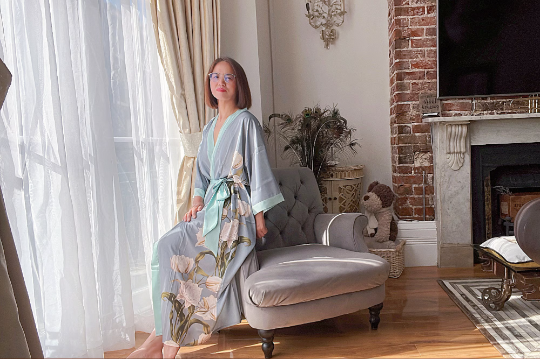 Grey Silk Dressing Gown, Floral Kimono Sleeve Robe