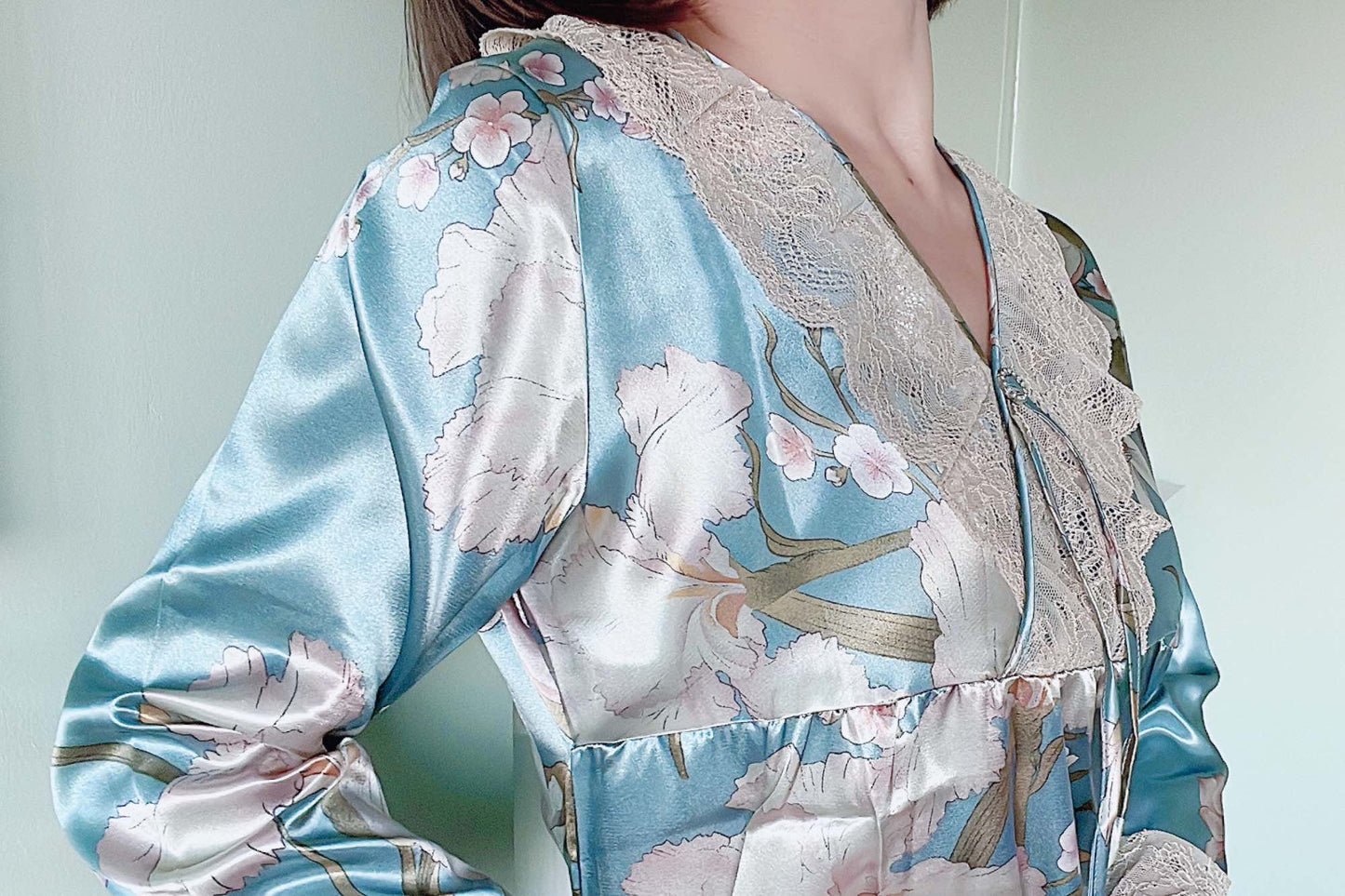 Floral Silk Nightdress with Lace Detailing - Elegant Red/Lake Blue Nightgown - Perfect Birthday Gift Idea