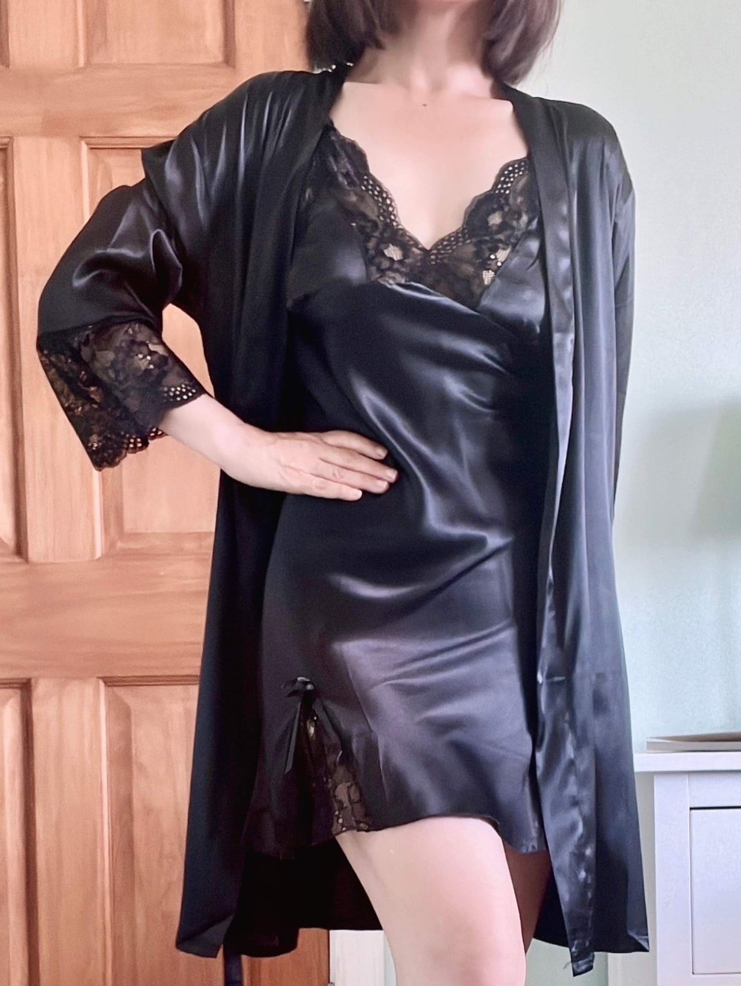 Chic Black Satin Nightgown for Women, Lace Trimmed Nightdress Robe, Perfect Bridesmaid Pajamas Gift