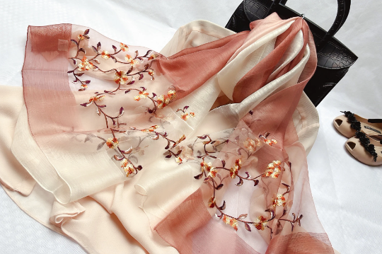Ombre Embroidered Scarf Shawl Silk, Bride Bridesmaid Wrap