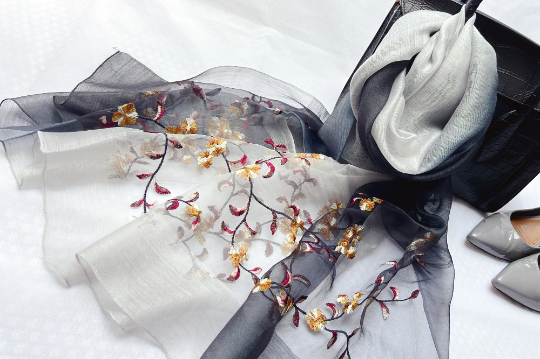 Ombre Embroidered Scarf Shawl Silk, Bride Bridesmaid Wrap