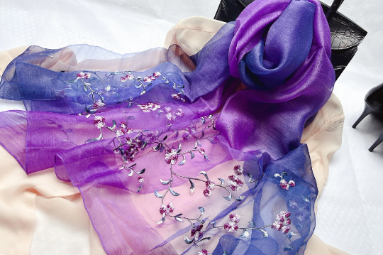 Ombre Embroidered Scarf Shawl Silk, Bride Bridesmaid Wrap