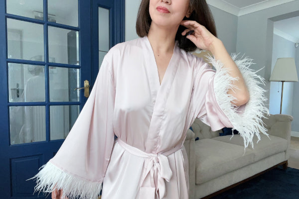 Elegant Pink Silk Bridal Robe with Feather - Ideal Gift for Bridesmaids - Full Length
