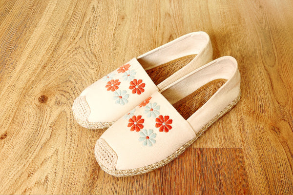 Beige Summer Woven Sandals for Women, Handmade Loafer Shoes, Floral Slip Ons, Size 5UK, 38CM