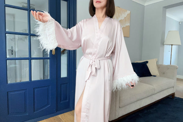 Elegant Pink Silk Bridal Robe with Feather - Ideal Gift for Bridesmaids - Full Length