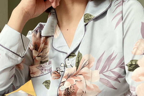 Elegant Floral Silk Pyjamas Set - Large Flower Pattern, Comfy Loungewear Set Women