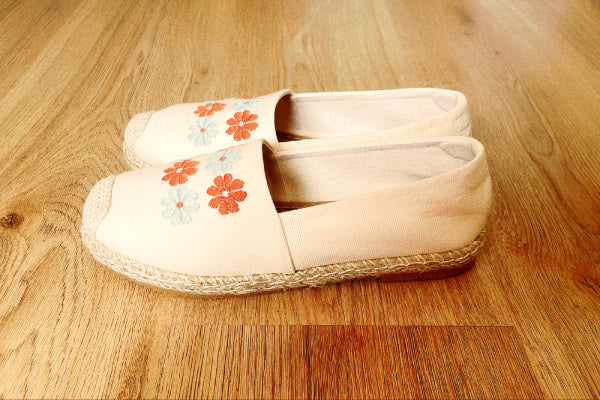 Beige Summer Woven Sandals for Women, Handmade Loafer Shoes, Floral Slip Ons, Size 5UK, 38CM