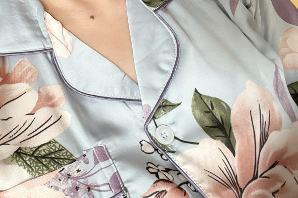 Elegant Floral Silk Pyjamas Set - Large Flower Pattern, Comfy Loungewear Set Women