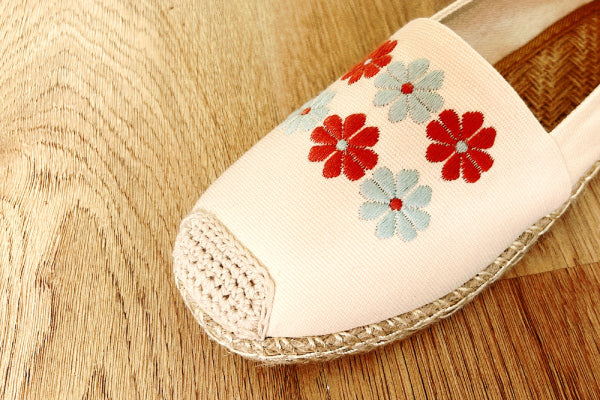 Beige Summer Woven Sandals for Women, Handmade Loafer Shoes, Floral Slip Ons, Size 5UK, 38CM