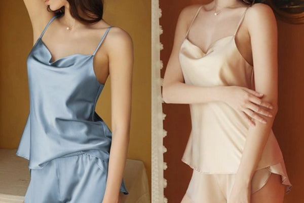 Chic Pure Silk Cami Short Set - Stylish Bridesmaid Sleepwear - Wedding Pajamas in Gold & Blue, Birthday Gift, Bride Pajamas Set