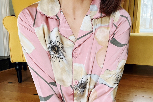 Elegant Floral Silk Pyjamas Set - Large Flower Pattern, Comfy Loungewear Set Women