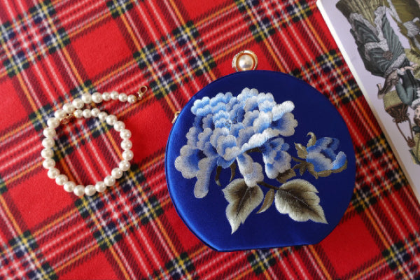 Chic Silk Embroidered Clutch, Round Bridal Bag, Royal Blue & Black, Ideal Weddings and Evening Accessory