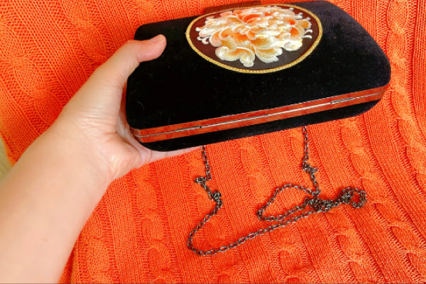 Black Velvet Embroidered Clutch Evening Bag For Women, Bridal Shower Gift, Gold, Purple Embroidery Peony Pattern