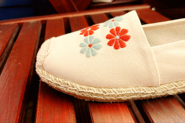 Beige Summer Woven Sandals for Women, Handmade Loafer Shoes, Floral Slip Ons, Size 5UK, 38CM