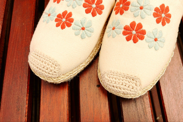 Beige Summer Woven Sandals for Women, Handmade Loafer Shoes, Floral Slip Ons, Size 5UK, 38CM