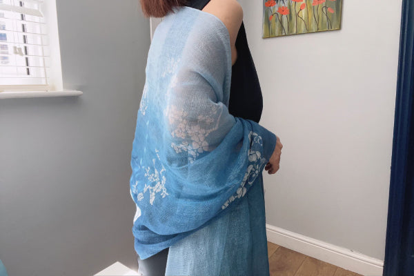 Batik Indigo Linen Scarf with Tassels- Stylish Ombre Shawl, Lightweight Wrap, Unique Birthday Gift for Mother