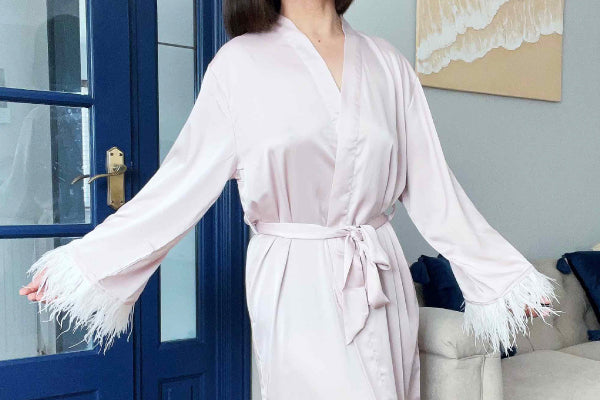 Elegant Pink Silk Bridal Robe with Feather - Ideal Gift for Bridesmaids - Full Length
