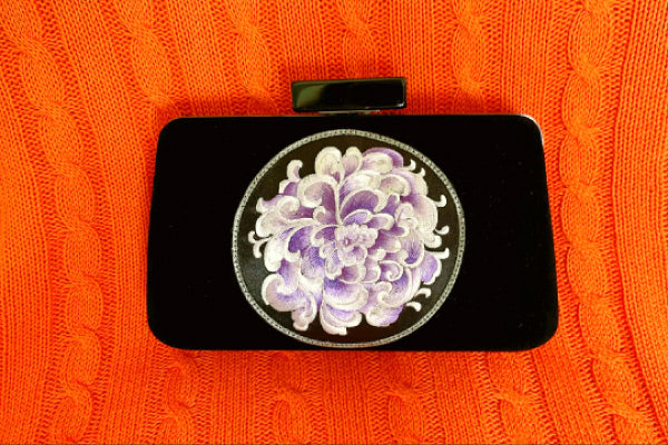 Black Velvet Embroidered Clutch Evening Bag For Women, Bridal Shower Gift, Gold, Purple Embroidery Peony Pattern