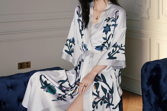 Pure Silk Dressing Gown, Long Floral Kimono Robe