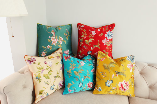 Floral Embroidery Silk Cushion/Pillow Covers x2