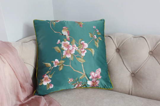 Floral Embroidery Silk Cushion/Pillow Covers x2