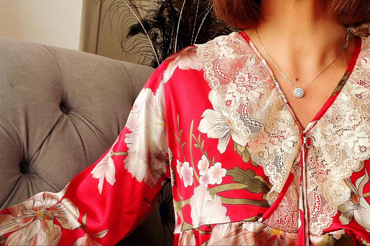 Floral Satin Nightdress with Lace Detailing - Elegant Red/Lake Blue Nightgown - Perfect Birthday Gift Idea