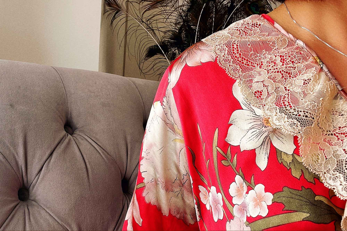 Floral Satin Nightdress with Lace Detailing - Elegant Red/Lake Blue Nightgown - Perfect Birthday Gift Idea