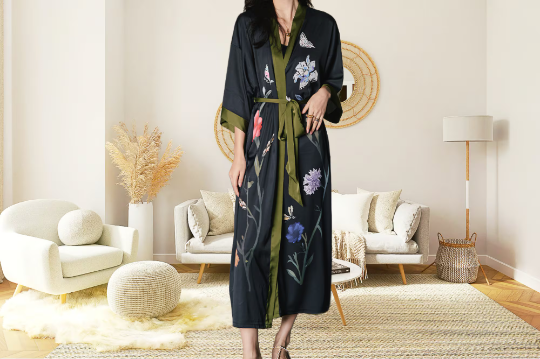 Silk Dressing Gown Floral, Long Robe for Women