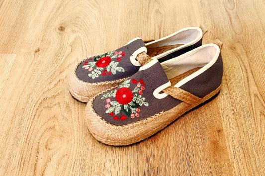 Embroidered Loafer, Wide Slip On Shoes Flat, Canvas Platform Sandals, Red/Black/Grey