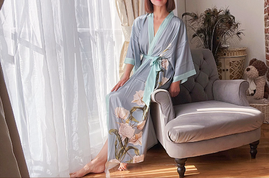 Grey Silk Dressing Gown, Floral Kimono Sleeve Robe