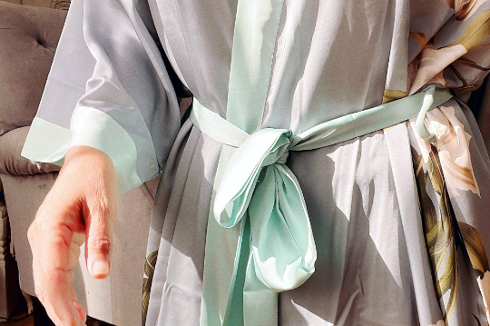 Grey Silk Dressing Gown, Floral Kimono Sleeve Robe