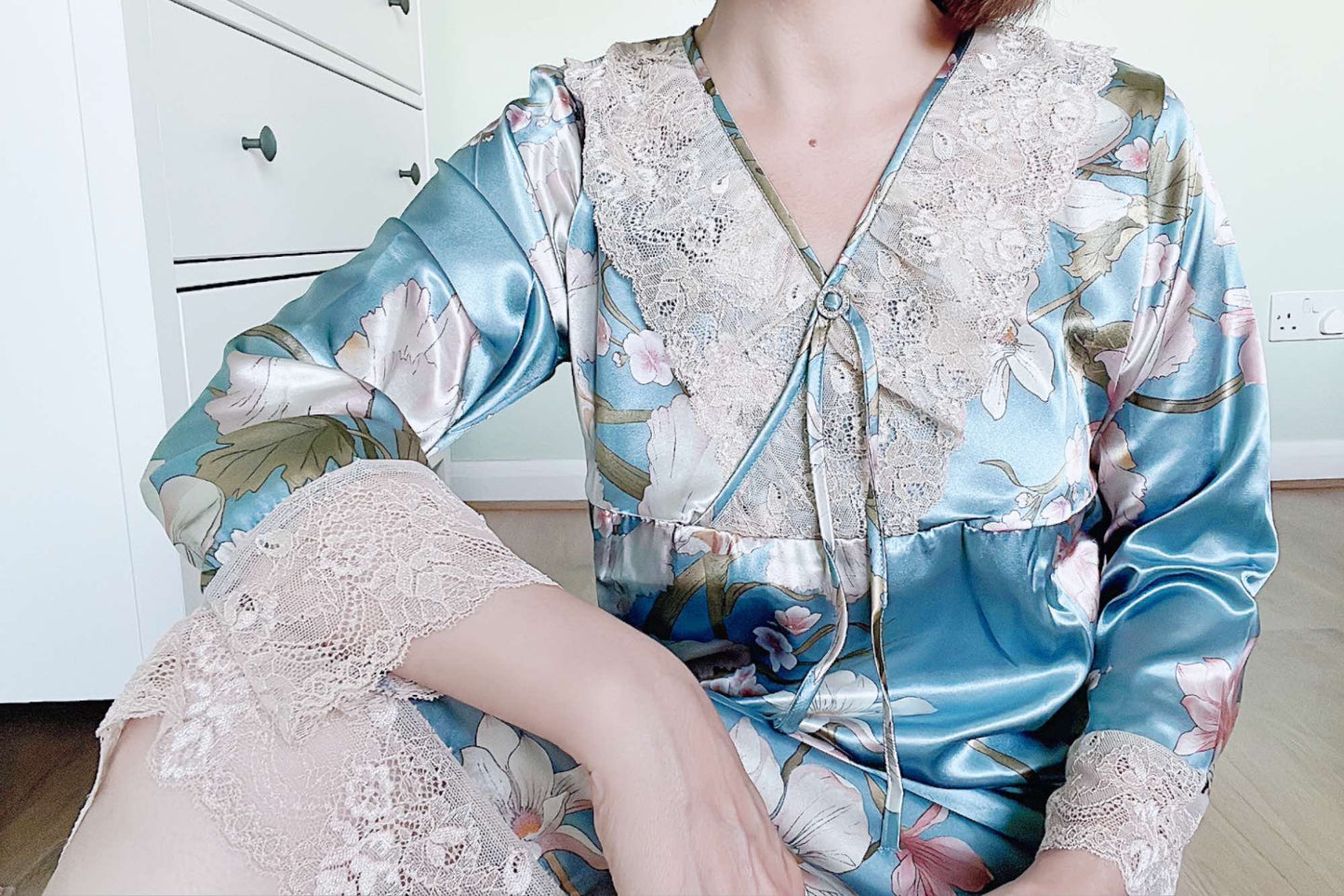 Floral Satin Nightdress with Lace Detailing - Elegant Red/Lake Blue Nightgown - Perfect Birthday Gift Idea