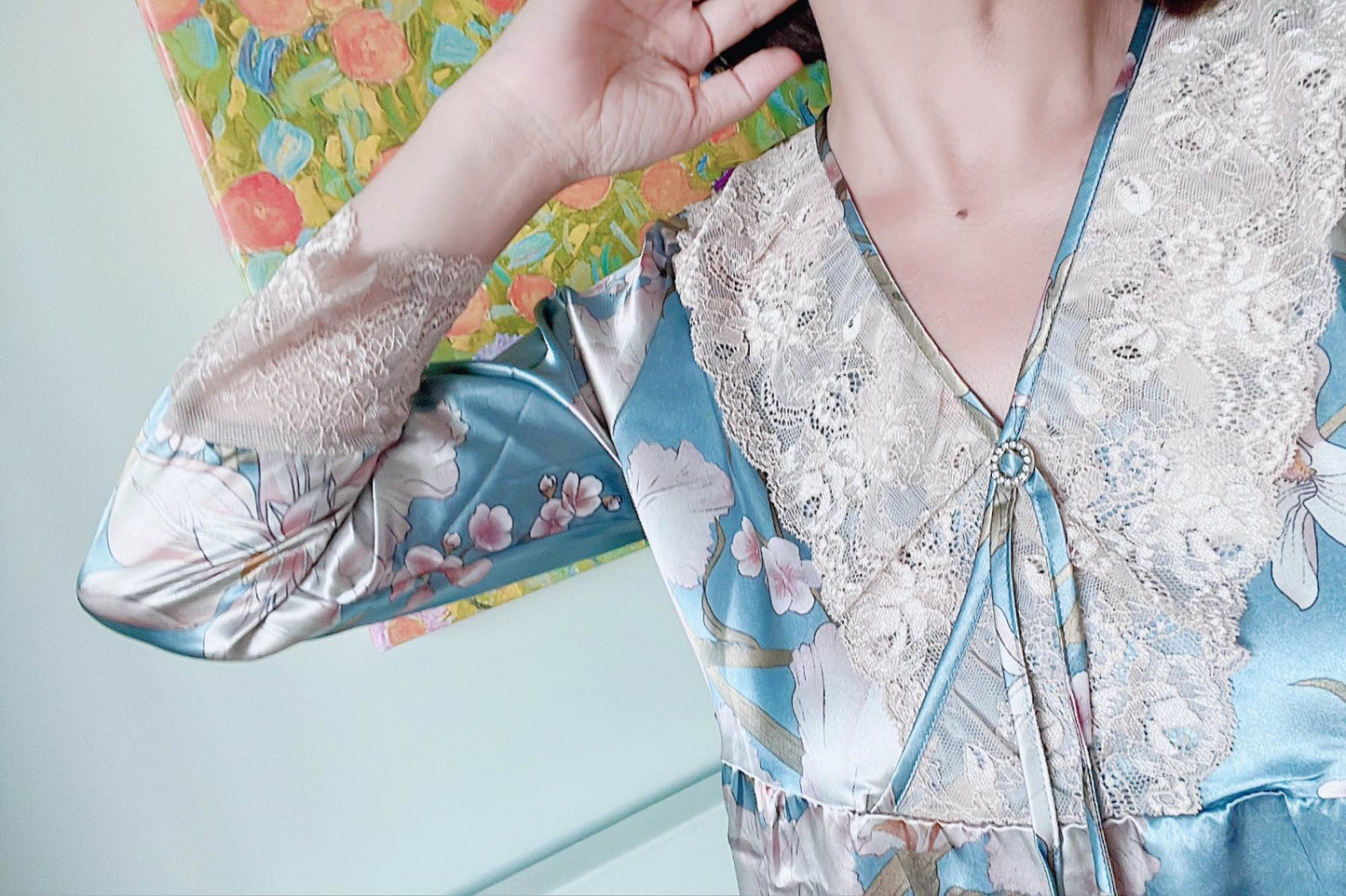 Floral Satin Nightdress with Lace Detailing - Elegant Red/Lake Blue Nightgown - Perfect Birthday Gift Idea
