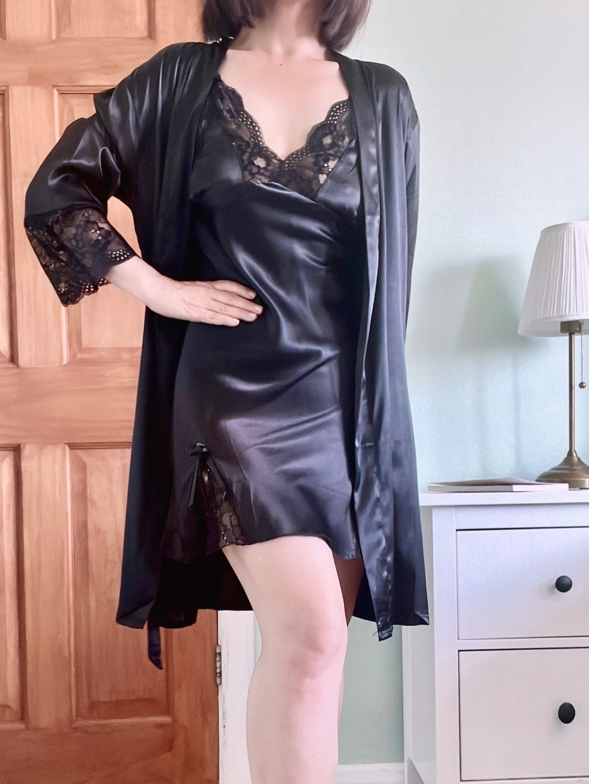 Chic Black Satin Nightgown for Women, Lace Trimmed Nightdress Robe