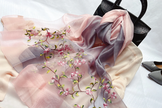 Ombre Embroidered Scarf Shawl Silk, Bride Bridesmaid Wrap