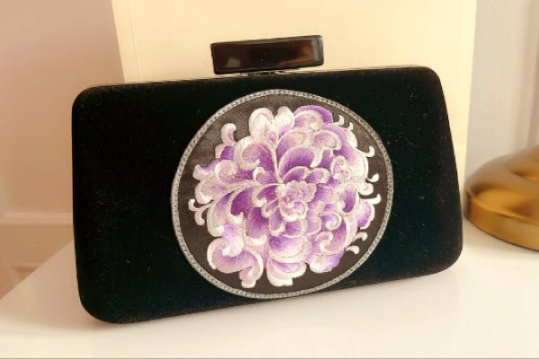 Black Velvet Embroidered Clutch Evening Bag For Women, Bridal Shower Gift, Gold, Purple Embroidery Peony Pattern