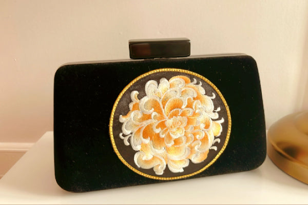 Black Velvet Embroidered Clutch Evening Bag For Women, Bridal Shower Gift, Gold, Purple Embroidery Peony Pattern