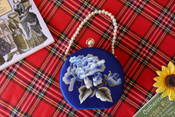 Chic Silk Embroidered Clutch, Round Bridal Bag, Royal Blue & Black, Ideal Weddings and Evening Accessory