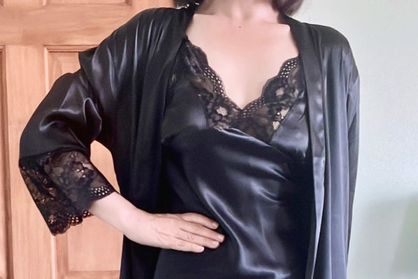 Chic Black Satin Nightgown for Women, Lace Trimmed Nightdress Robe, Perfect Bridesmaid Pajamas Gift