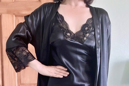Chic Black Satin Nightgown for Women, Lace Trimmed Nightdress Robe, Perfect Bridesmaid Pajamas Gift