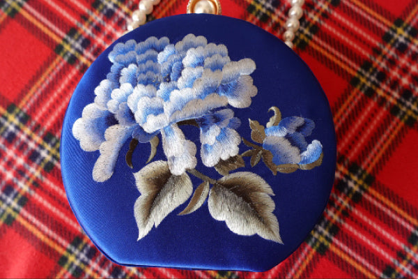 Chic Silk Embroidered Clutch, Round Bridal Bag, Royal Blue & Black, Ideal Weddings and Evening Accessory