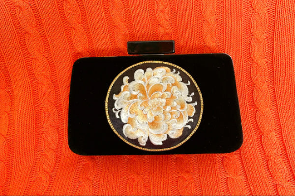 Black Velvet Embroidered Clutch Evening Bag For Women, Bridal Shower Gift, Gold, Purple Embroidery Peony Pattern