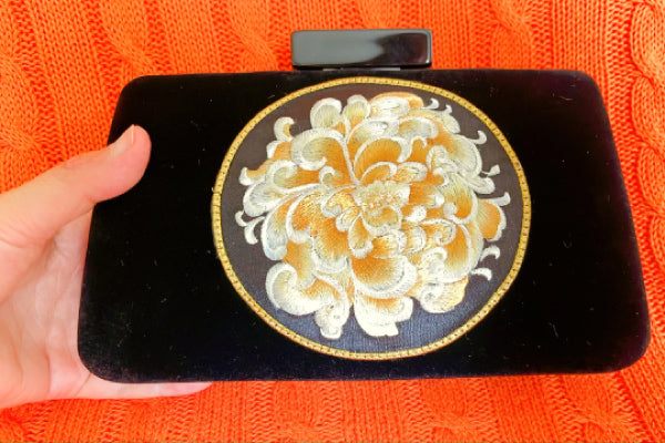 Black Velvet Embroidered Clutch Evening Bag For Women, Bridal Shower Gift, Gold, Purple Embroidery Peony Pattern
