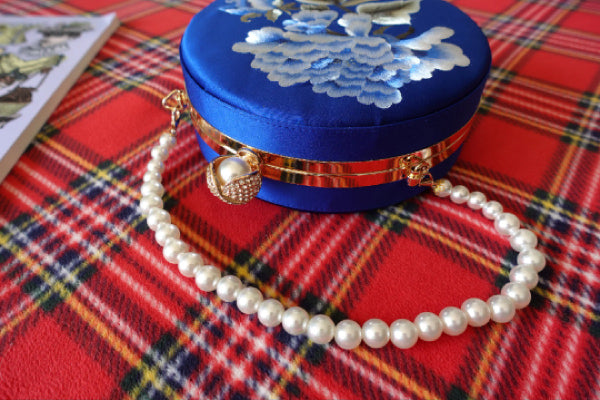 Chic Silk Embroidered Clutch, Round Bridal Bag, Royal Blue & Black, Ideal Weddings and Evening Accessory